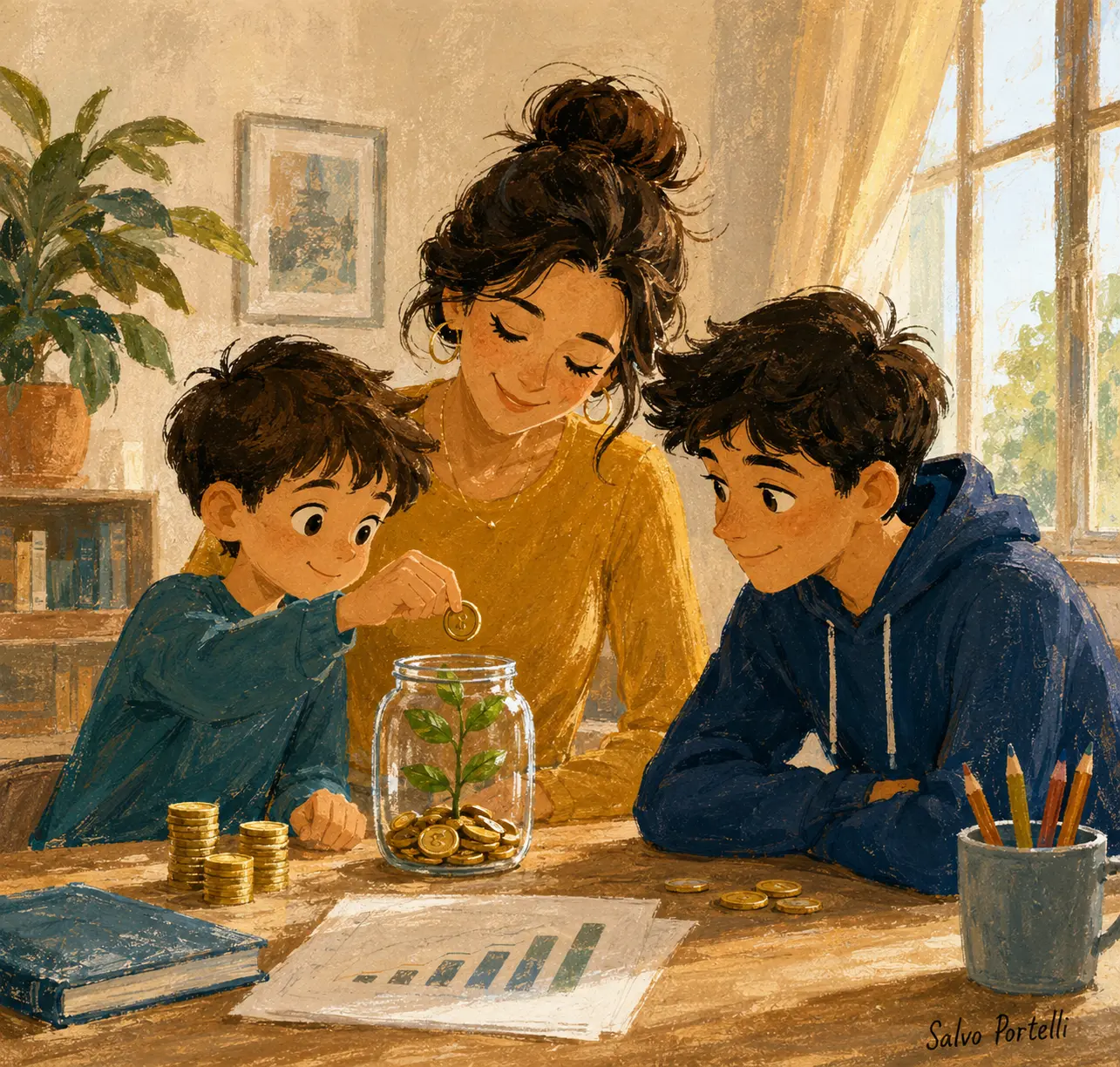 Illustrazione: una mamma e due bambini mettono monete in un barattolo con una piantina