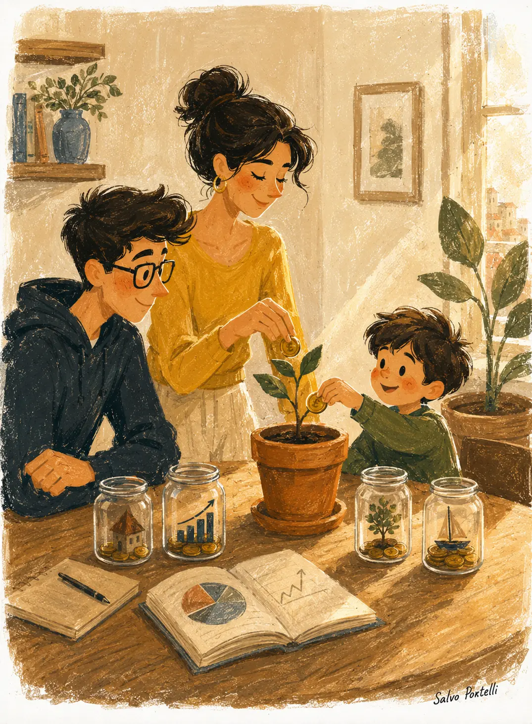 Illustrazione: una famiglia pianta monete in un vaso accanto a barattoli di risparmio