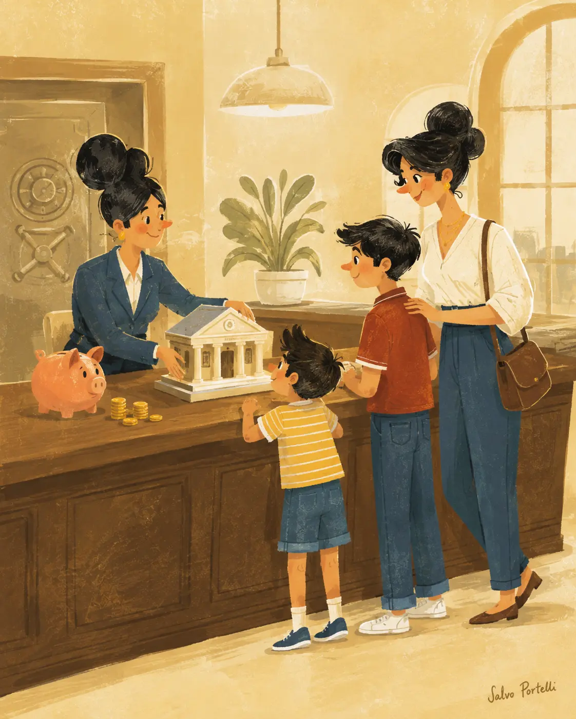 Illustrazione: due bambini e la mamma allo sportello della banca con il salvadanaio